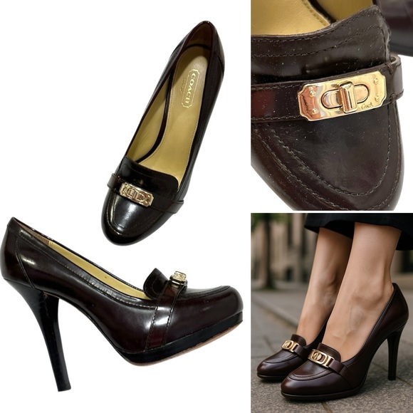 COACH Luisa Dark Brown Gold Logo Toggle Platform Heels Pumps 7.5 - Picture 4 of 16